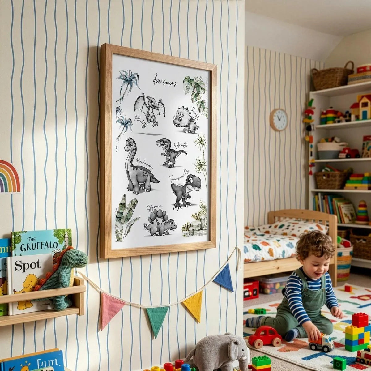 Framed dinosaur species art print in a bright playroom with striped wallpaper, colorful bunting, and a toddler playing with toys.