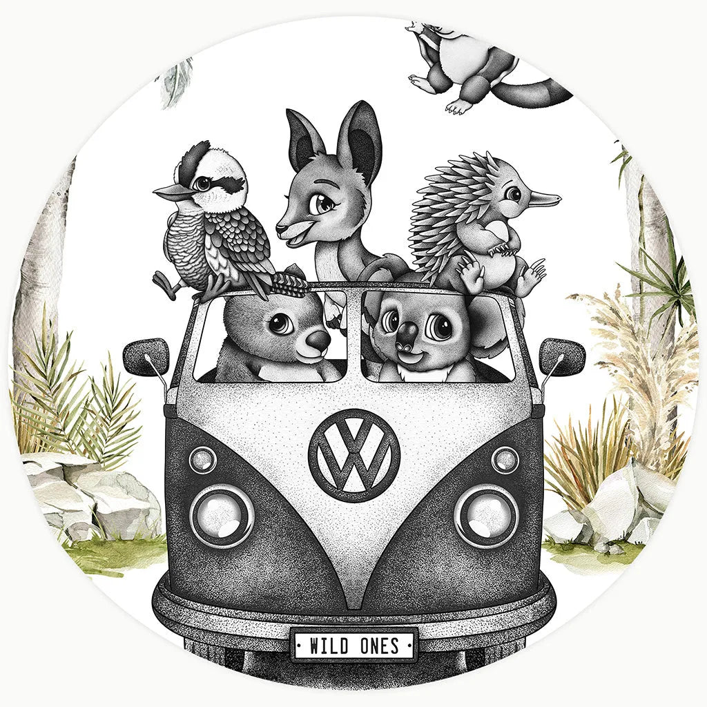 Sophisticated nursery wall art featuring hand-drawn Australian animals—a kangaroo, kookaburra, and echidna—riding in a vintage black and white Volkswagen Kombi van. The illustration uses detailed stippling and black and white dots with soft watercolor nature elements.