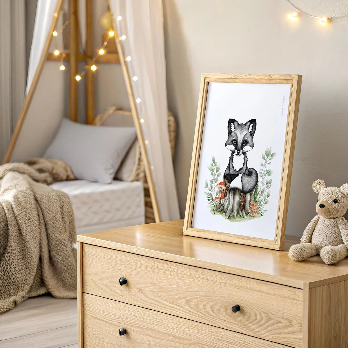 Hand-drawn baby fox nursery decor styled in a cozy room setting. Sophisticated black and white dot art with delicate watercolor Australian botanicals.