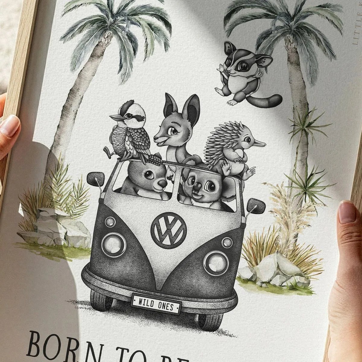 Close-up of a hand-inked stippling art print of native Australian animals in a surf van, premium giclee paper for high-end nursery decor.