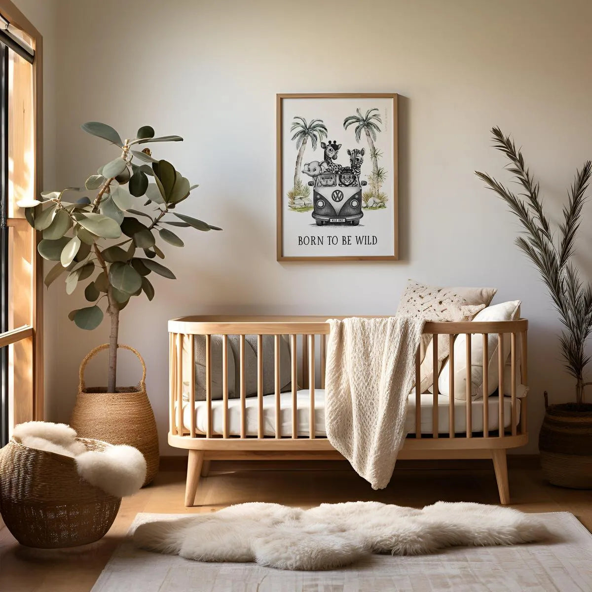 Modern safari-themed nursery featuring "Born to Be Wild" wall art above a light wood crib, styled with a sheepskin rug and indoor plant.