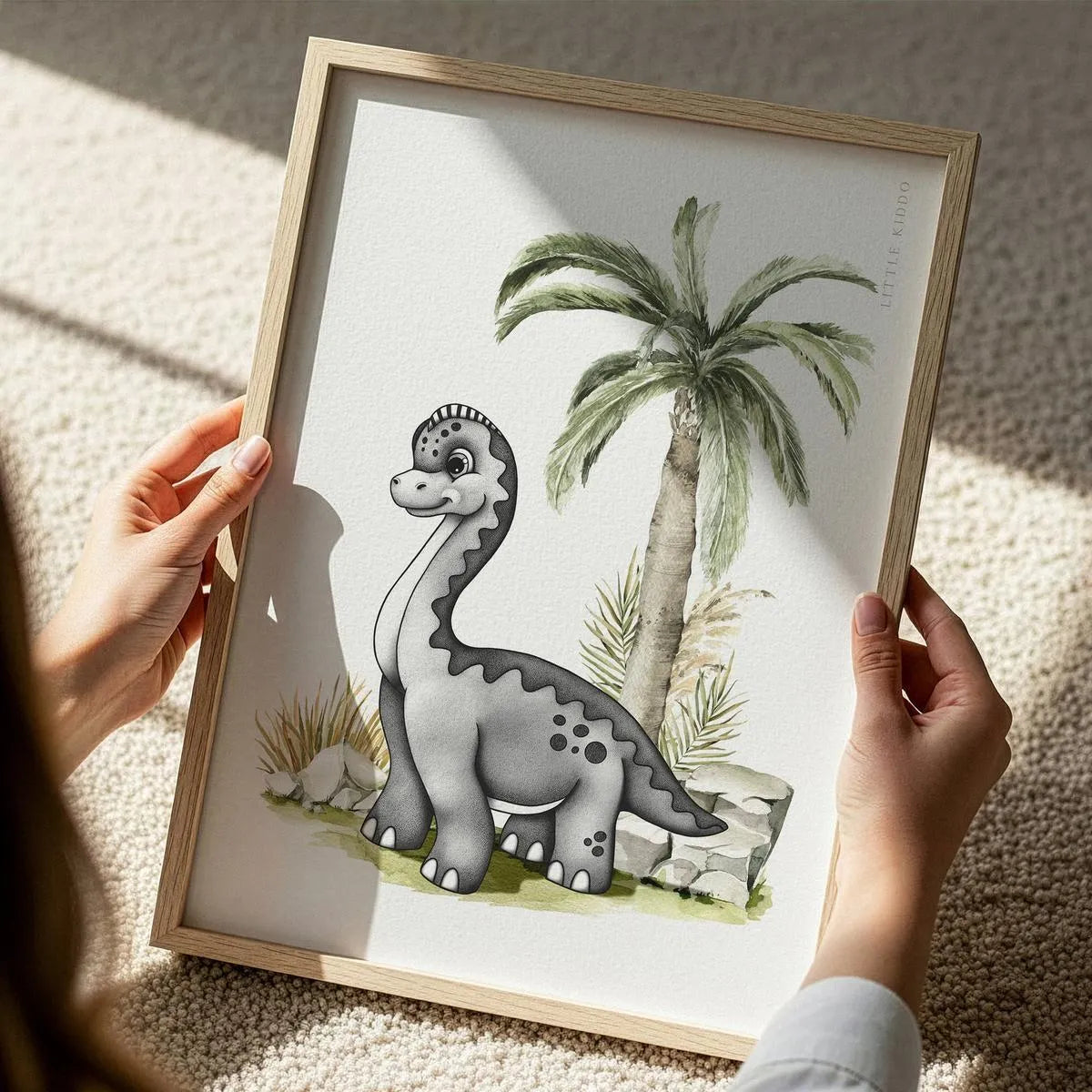Close-up of a hand-inked Brachiosaurus illustration for a kids' room, featuring detailed stippling and soft green watercolor palm leaves.