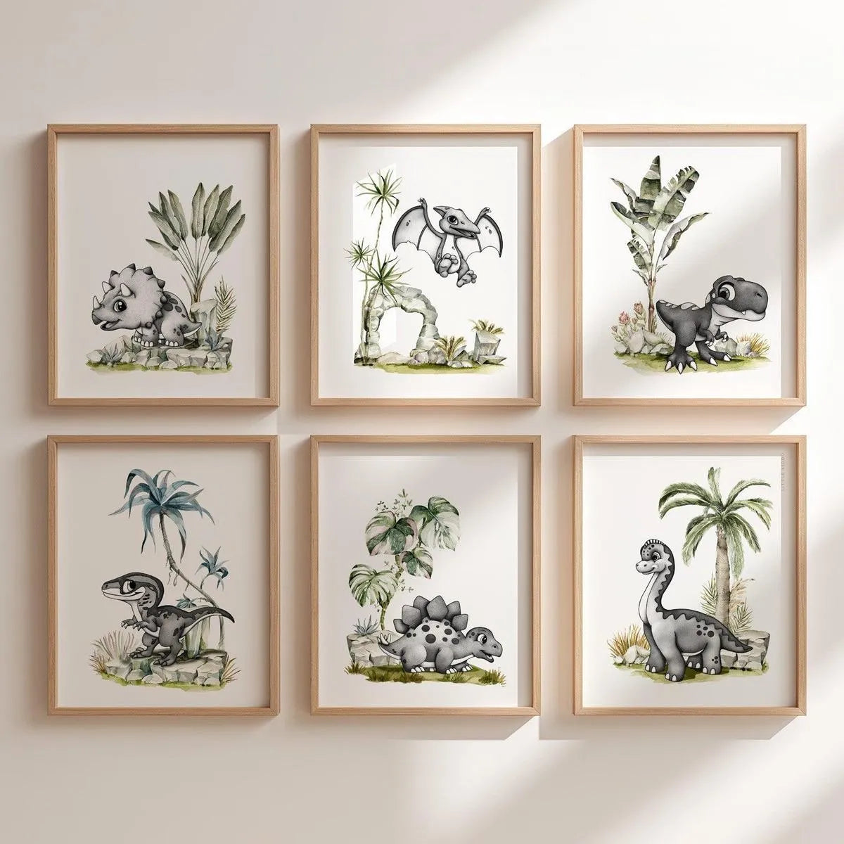 Gallery wall set of 6 dinosaur nursery prints, gender-neutral prehistoric animal illustrations for playroom.