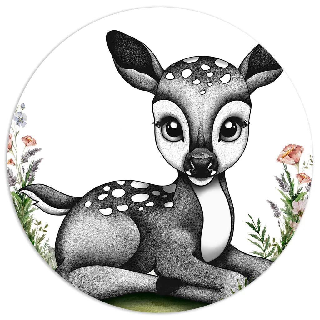 Gentle hand-drawn fawn print in a watercolor and stippling style, showing a baby deer resting in a forest setting.