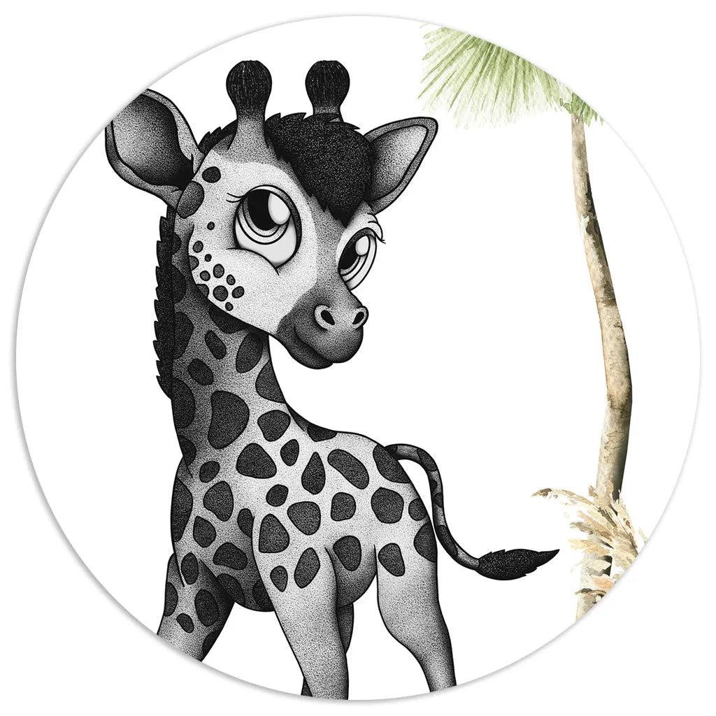 Hand-drawn baby giraffe print with watercolor palm leaves, a charming piece of grayscale nursery art for a safari theme.