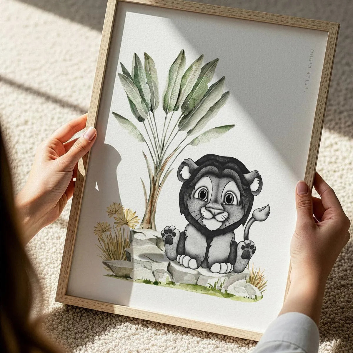 Detailed stippling and watercolor art of a cute lion cub, premium giclee nursery print for high-end kids' room decor.