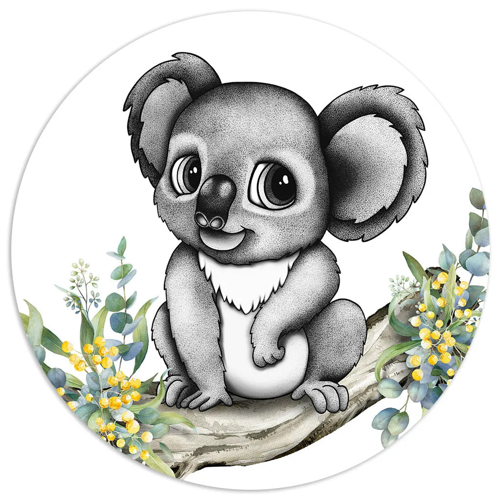 Hand-drawn Australian koala nursery art featuring stippling textures and soft watercolor eucalyptus leaves.