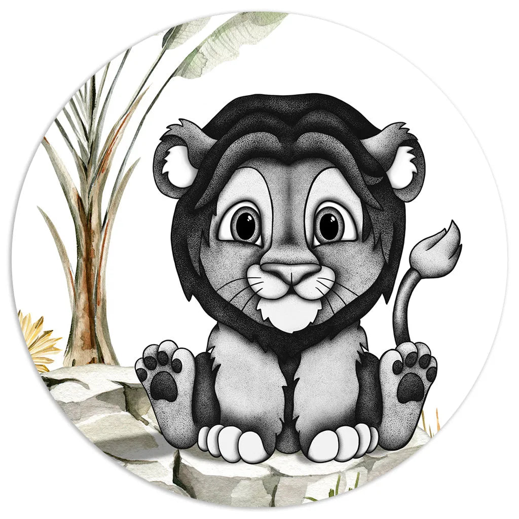 Watercolor nursery art of a baby lion cub, a hand-drawn monochromatic print with a sweet, minimalist aesthetic.