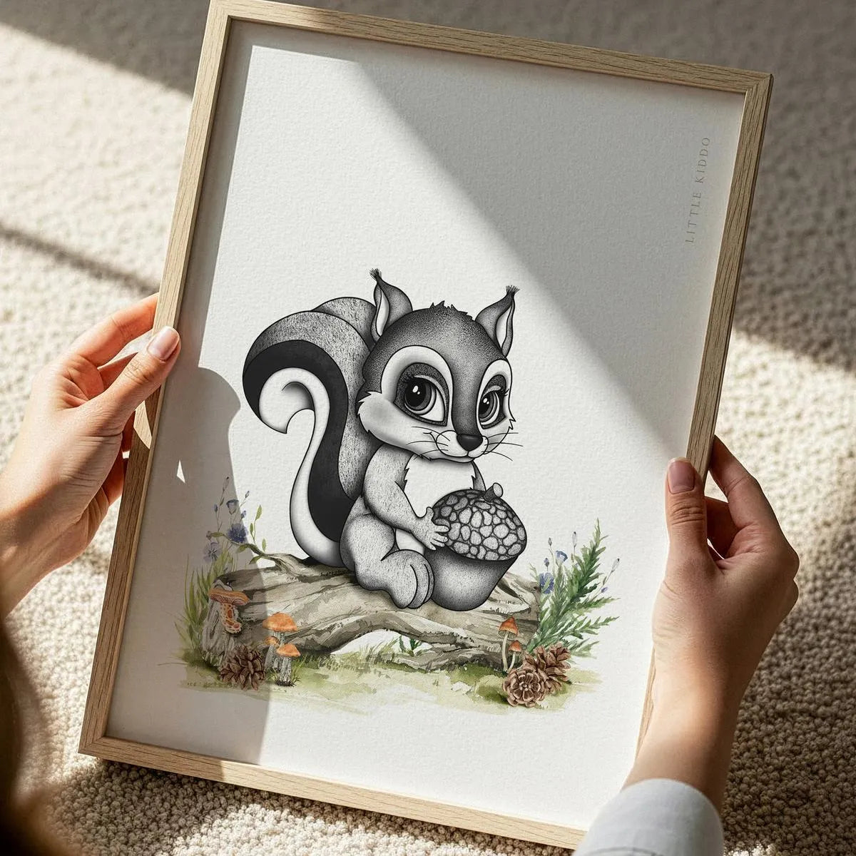Detailed stippling and watercolor art of a cute squirrel cub, premium giclee woodland nursery print for high-end kids' room decor.