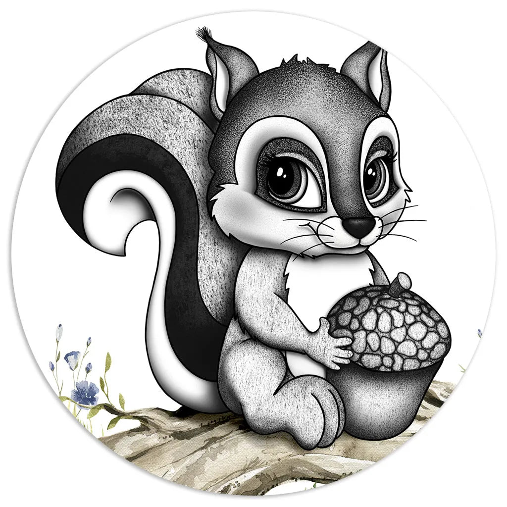 Hand-drawn baby squirrel holding an acorn, featuring high-quality stippling and watercolor textures for nursery decor.