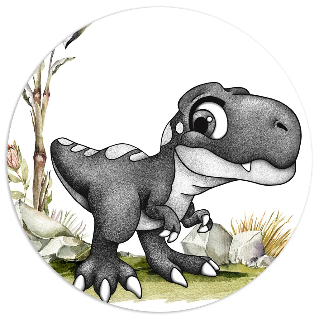 Hand-drawn baby T-Rex dinosaur print, a whimsical piece of watercolor nursery art in a monochromatic palette.
