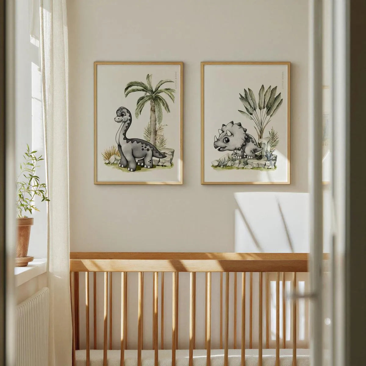 Set of 2 dinosaur nursery prints featuring a Brachiosaurus and Triceratops in oak frames, minimalist prehistoric wall decor.