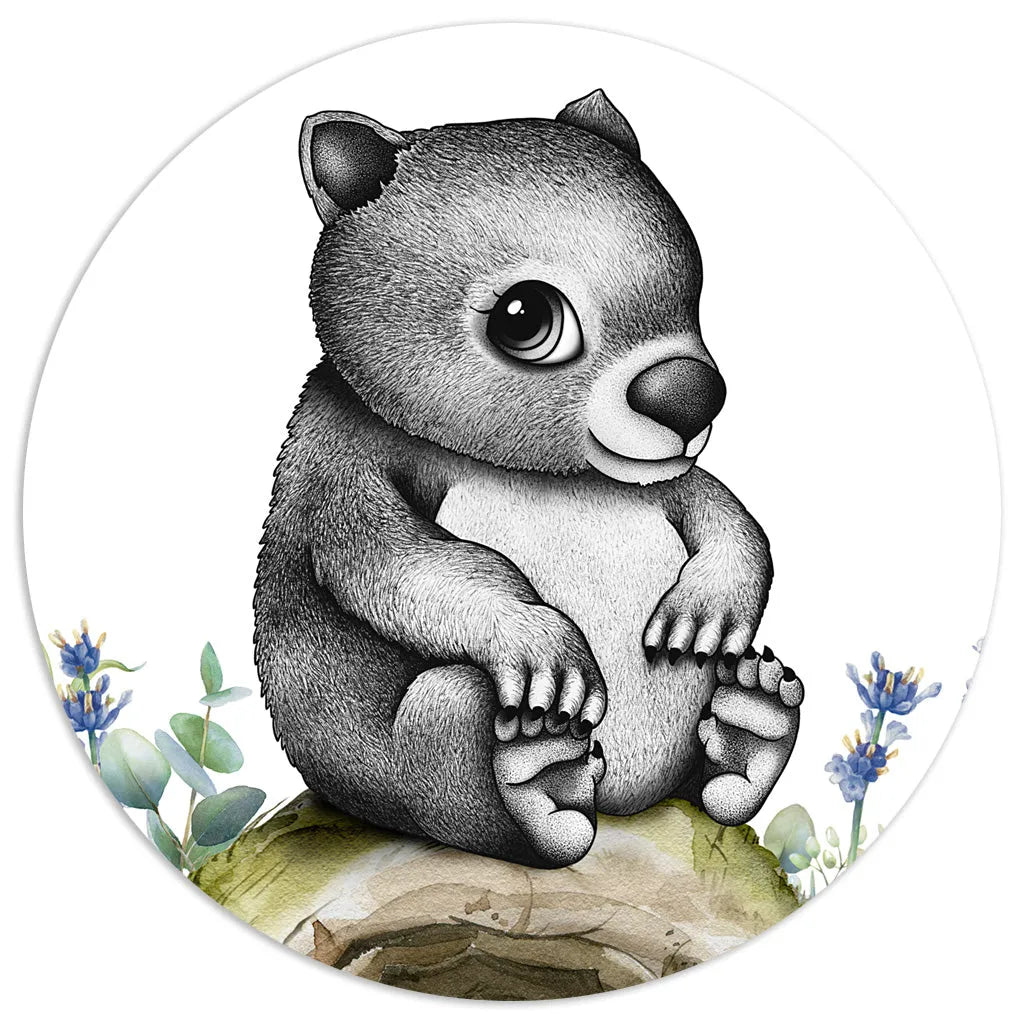 Hand-drawn baby wombat print with stippling textures, a charming Australian animal nursery art piece in grayscale.