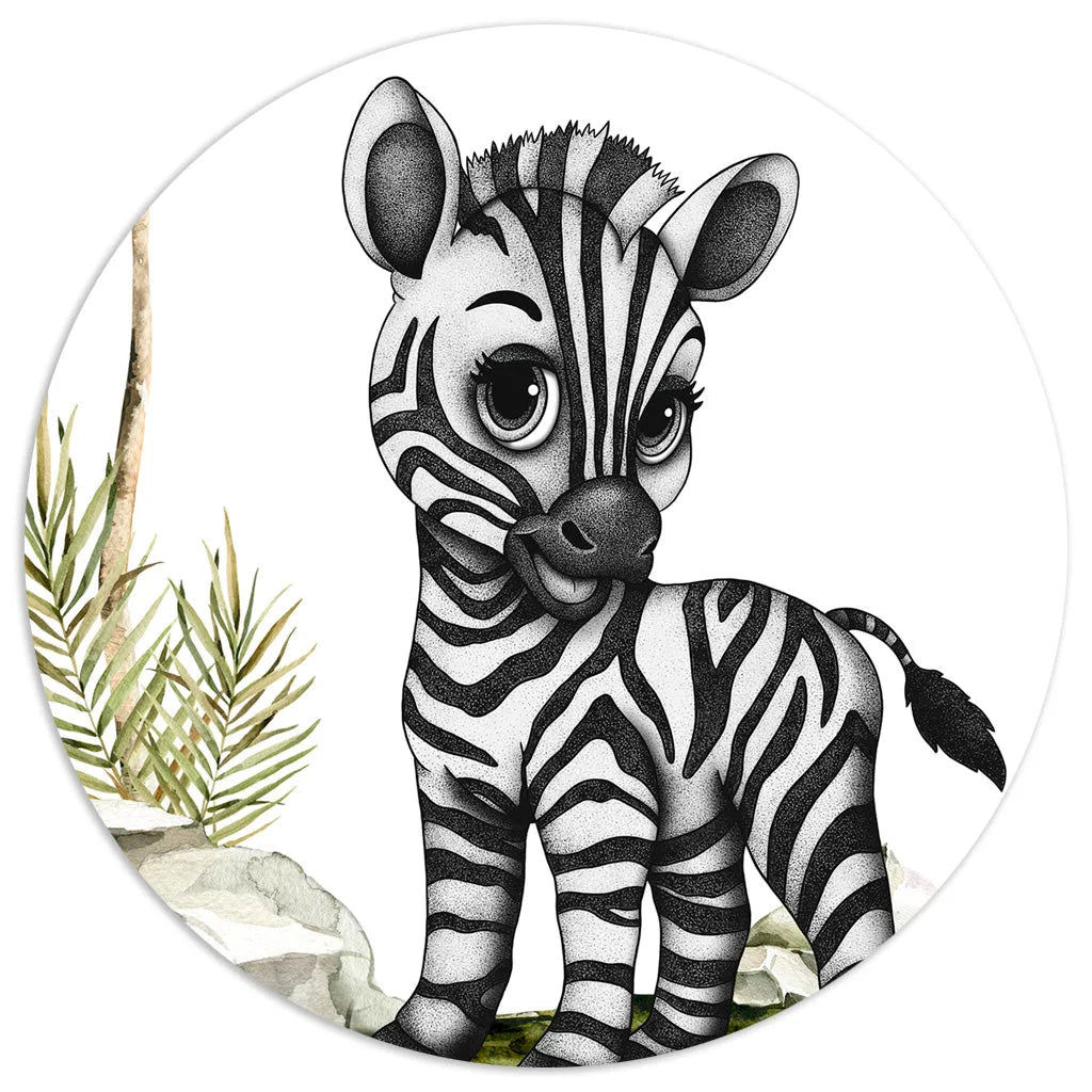 Stippling nursery art of a baby zebra, featuring bold hand-drawn stripes and a soft, artistic monochromatic finish