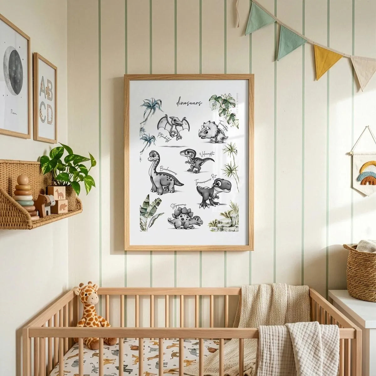 Whimsical dinosaur-themed wall art hanging above a wooden baby crib, gender-neutral prehistoric nursery decor with soft lighting.