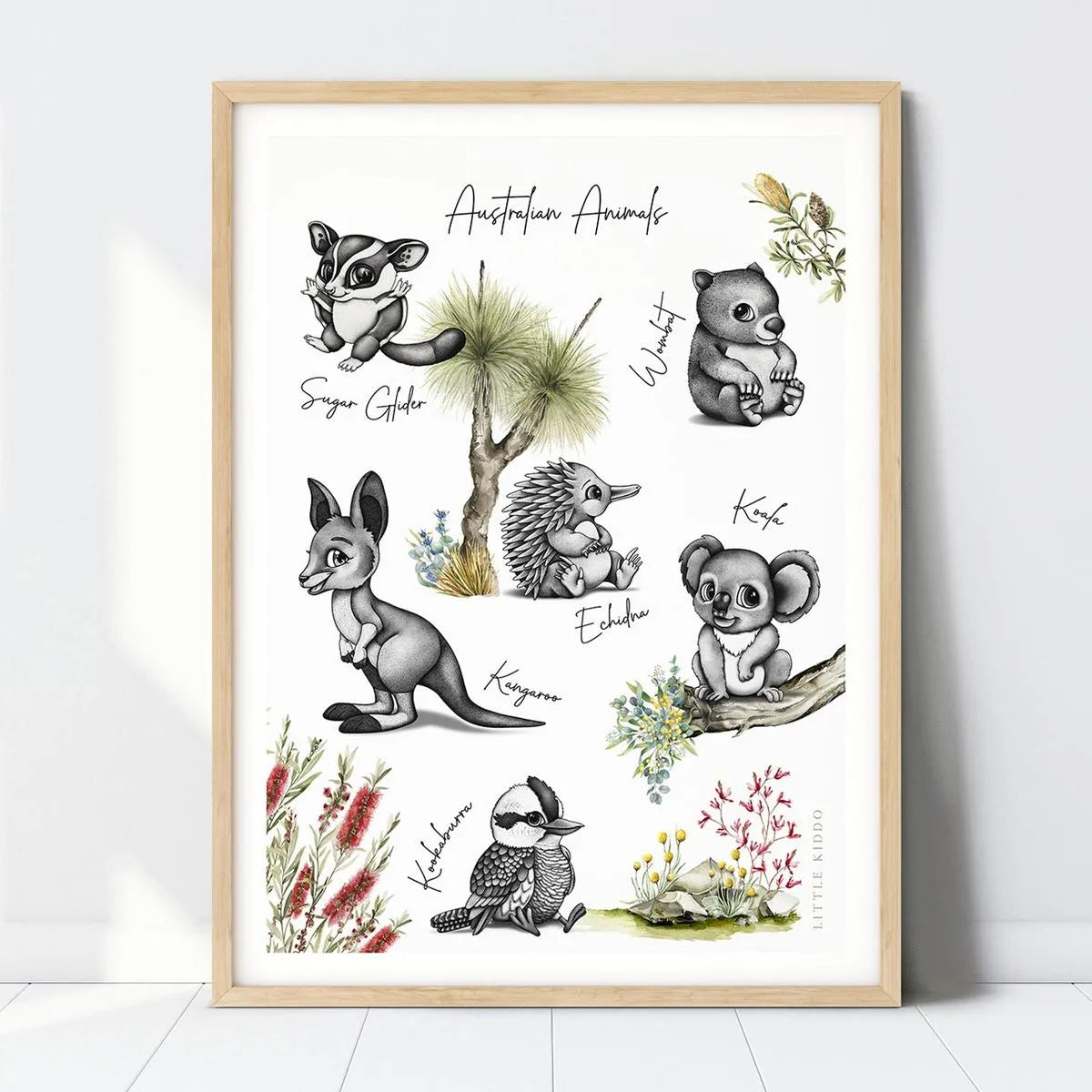 Australian animals nursery art print featuring hand-drawn kangaroo, koala, and kookaburra illustrations in a minimalist oak frame.