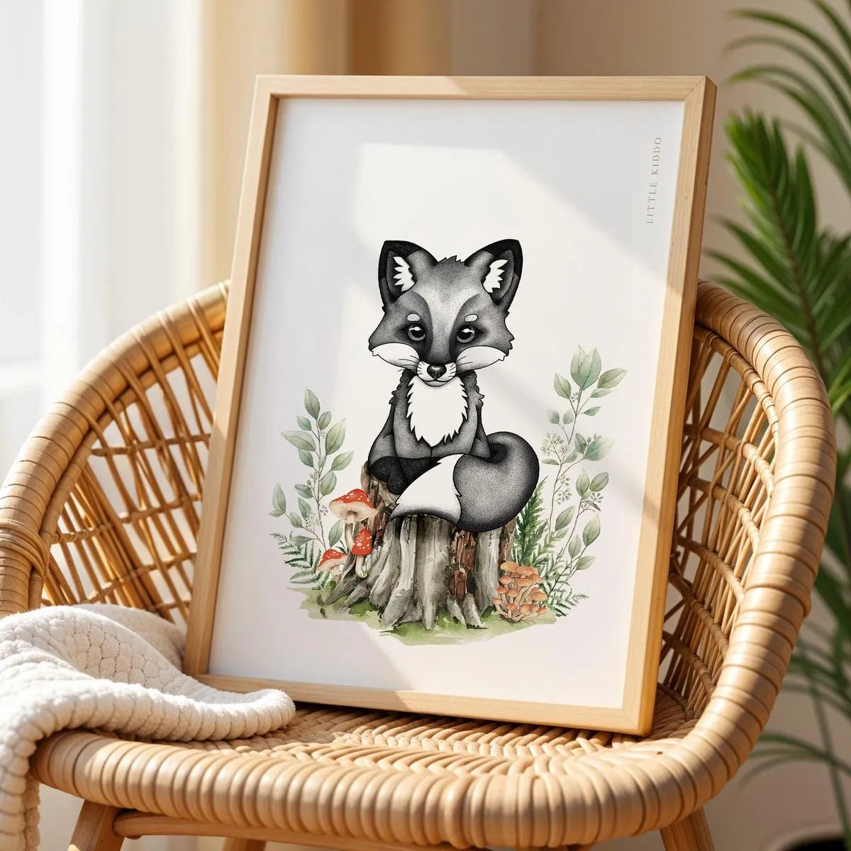Whimsical fox nursery poster displayed on a wicker chair, boho-style woodland animal wall art for a modern neutral-toned nursery.