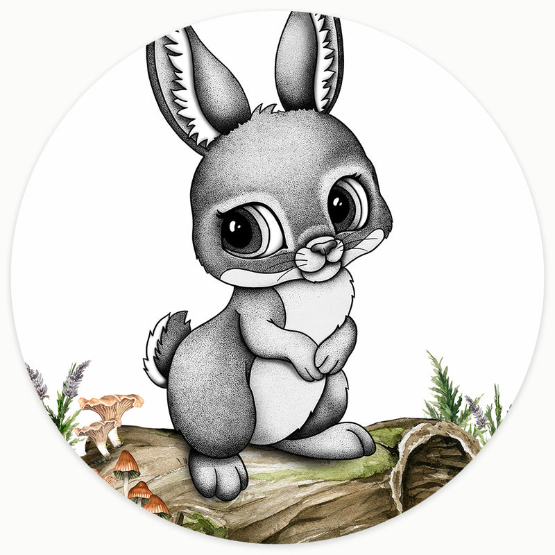 Sweet bunny-rabbit nursery wall decor, hand-drawn with intricate black and white dots. This sophisticated piece features soft watercolor meadow flowers and butterflies.