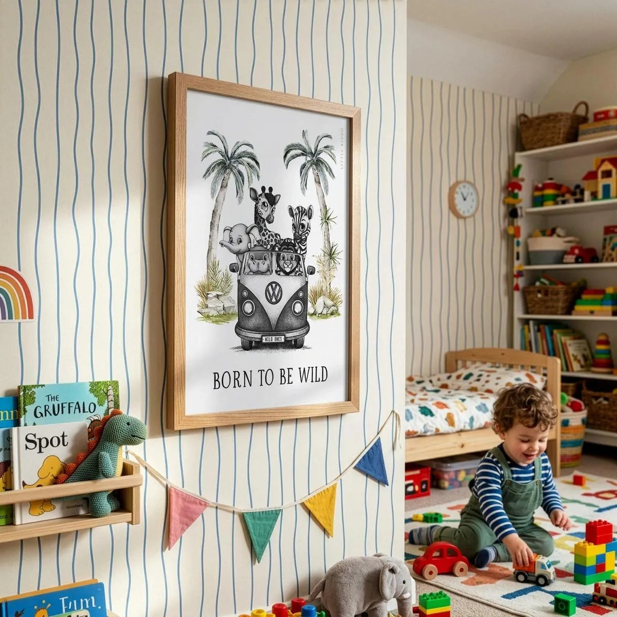 Safari animal adventure poster for kids, styled in a bright playroom with striped wallpaper, colorful bunting, and a toddler playing with toys.