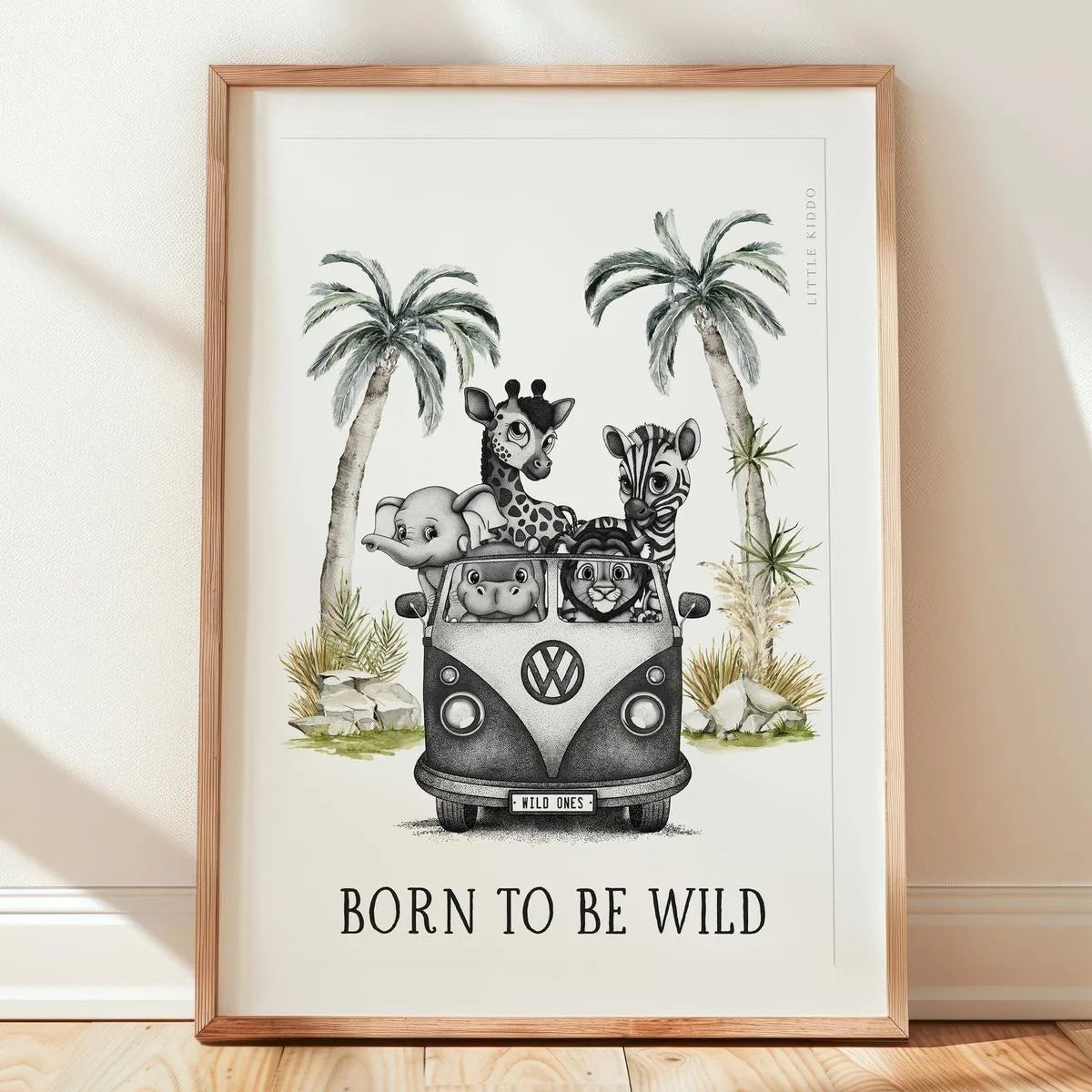 "Born to Be Wild" safari nursery art print in a light wood frame, featuring a hand-drawn kombi van with a baby elephant, giraffe, zebra, hippo, and lion under palm trees.