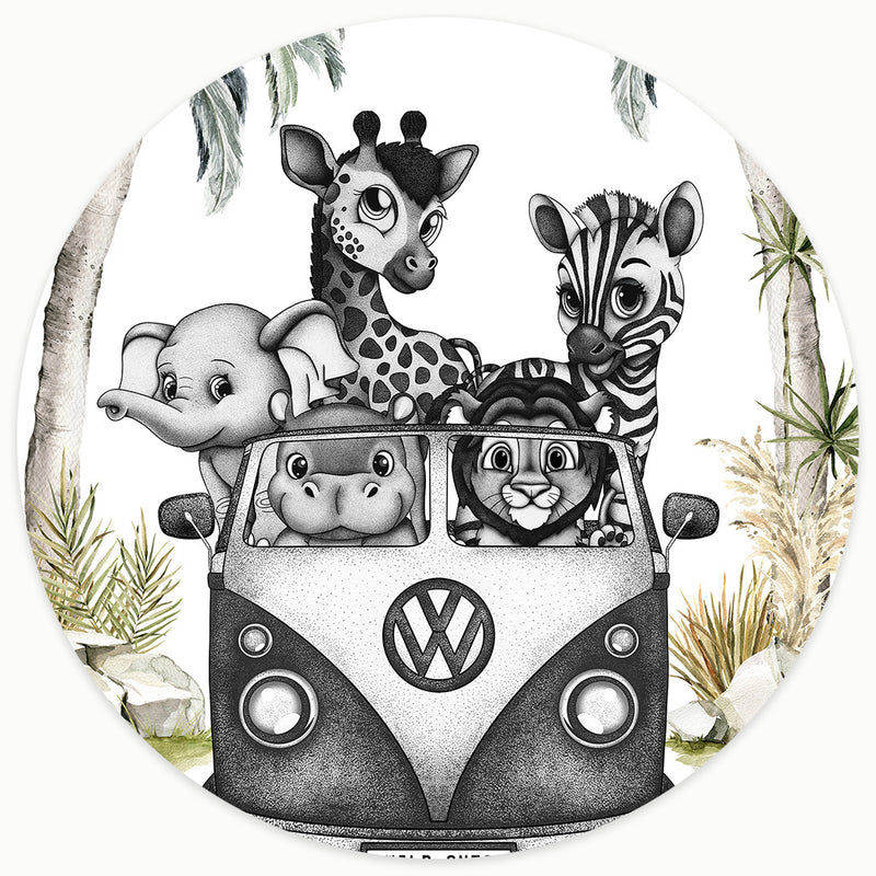 ophisticated nursery decor featuring a group of safari animals—including a giraffe, elephant, and lion—riding in a vintage VW bus. A hand-drawn stippled illustration with soft watercolor trees and nature elements.