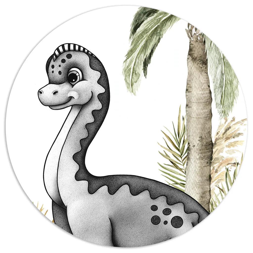 Hand-drawn baby Brachiosaurus nursery art in a soft watercolor style, featuring a long-necked dinosaur surrounded by grayscale tropical leaves.