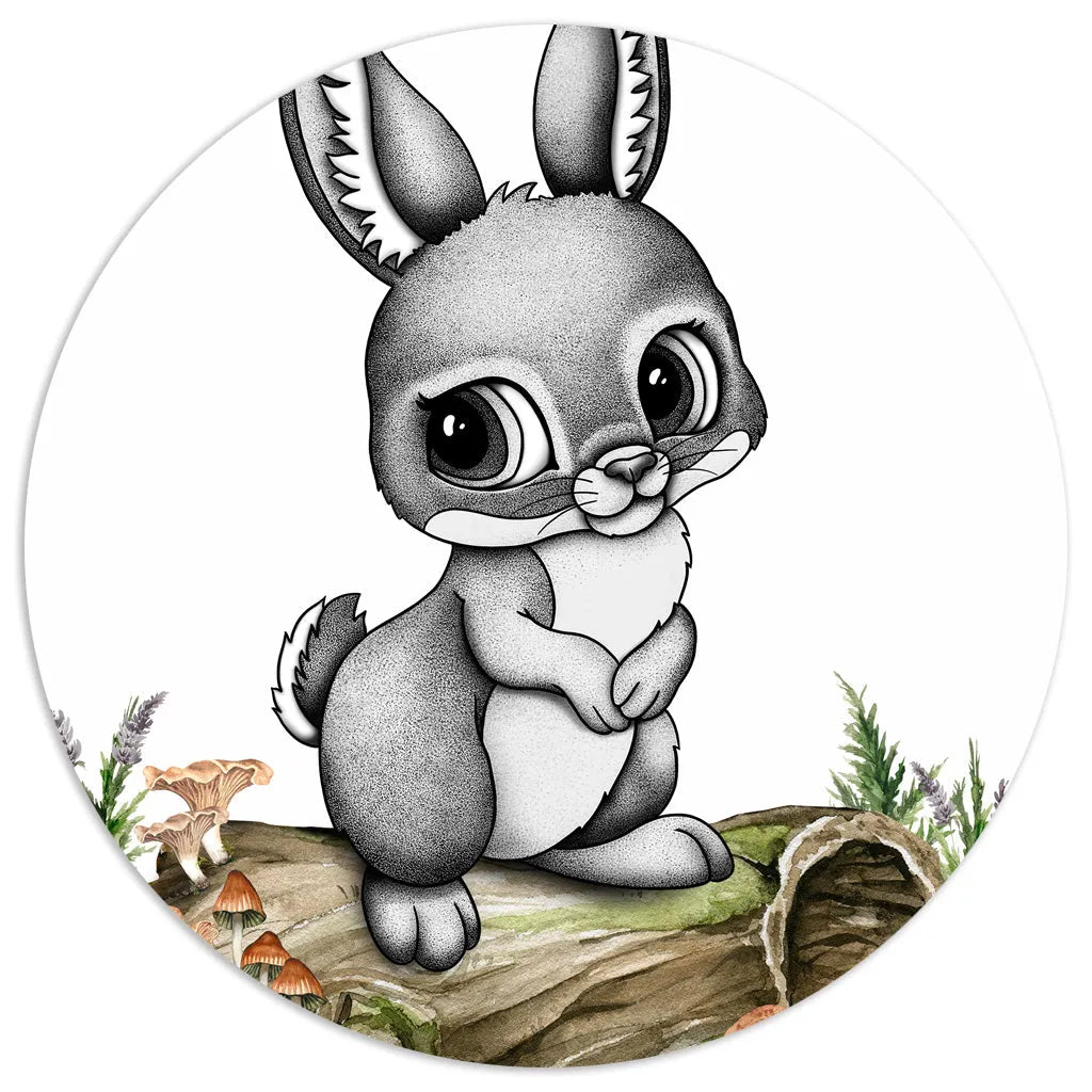 Sweet stippling art of a baby bunny, a hand-drawn grayscale animal print perfect for neutral nursery decor.