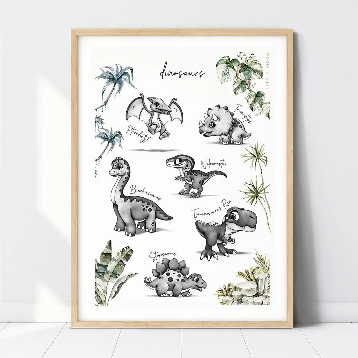 Jurassic Friends dinosaur nursery art print featuring hand-drawn T-Rex, Triceratops, and Brachiosaurus in a light wood frame.