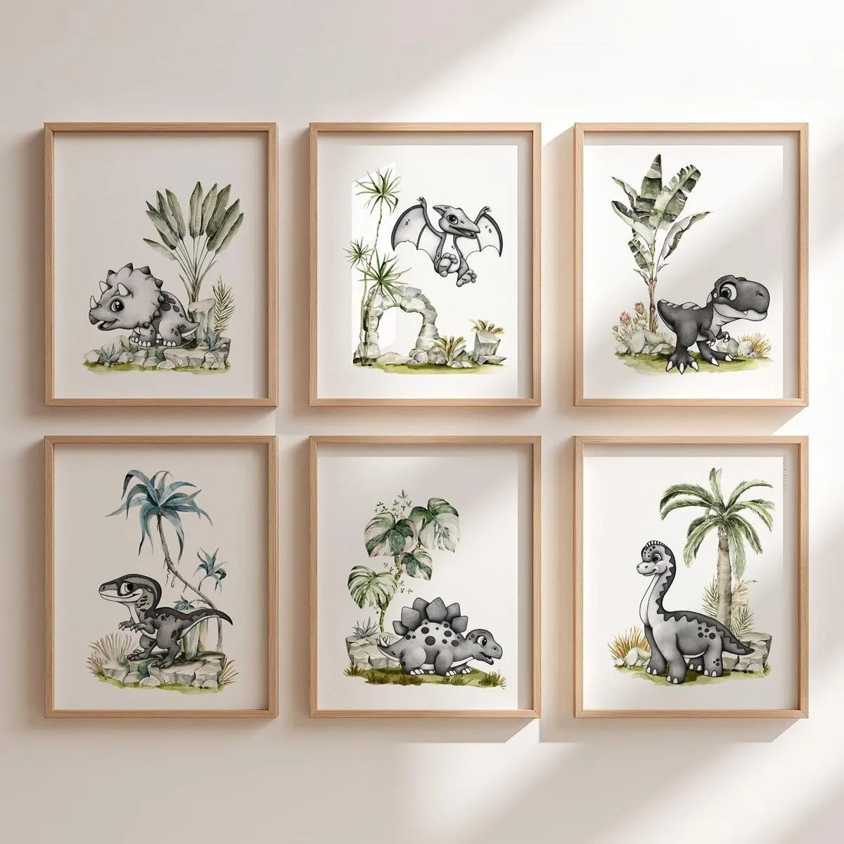 Gallery wall set of 6 dinosaur nursery prints including Triceratops, Pterodactyl, T-Rex, Velociraptor, Stegosaurus, and Brachiosaurus in light wood frames for prehistoric kids' room decor.