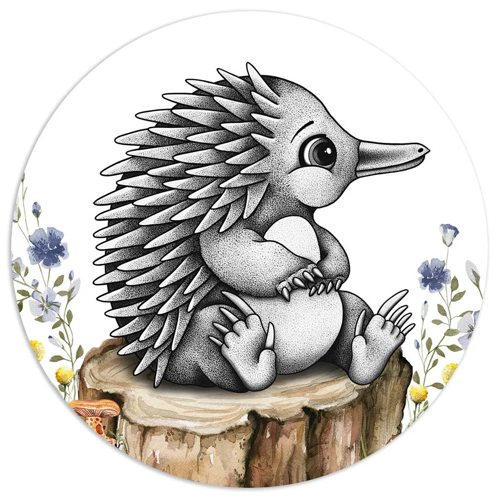 Detailed stippling illustration of an Australian echidna, a hand-drawn nursery art piece featuring soft quills and wildflowers.