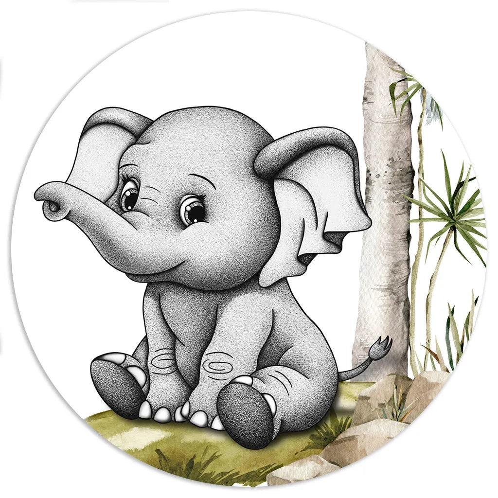 Watercolor nursery art of a baby elephant, a monochromatic, hand-drawn jungle animal print with soft shading.