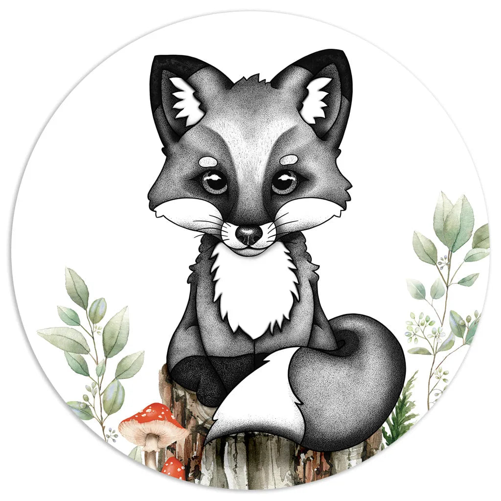 Baby fox nursery art, featuring a hand-drawn grayscale design with a focus on soft textures and woodsy charm.
