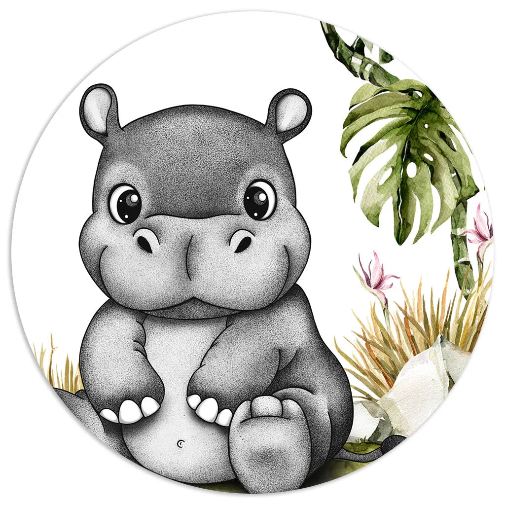 Cute baby hippo nursery art in a stippling and watercolour style, a hand-drawn grayscale animal illustration for a kids' room.