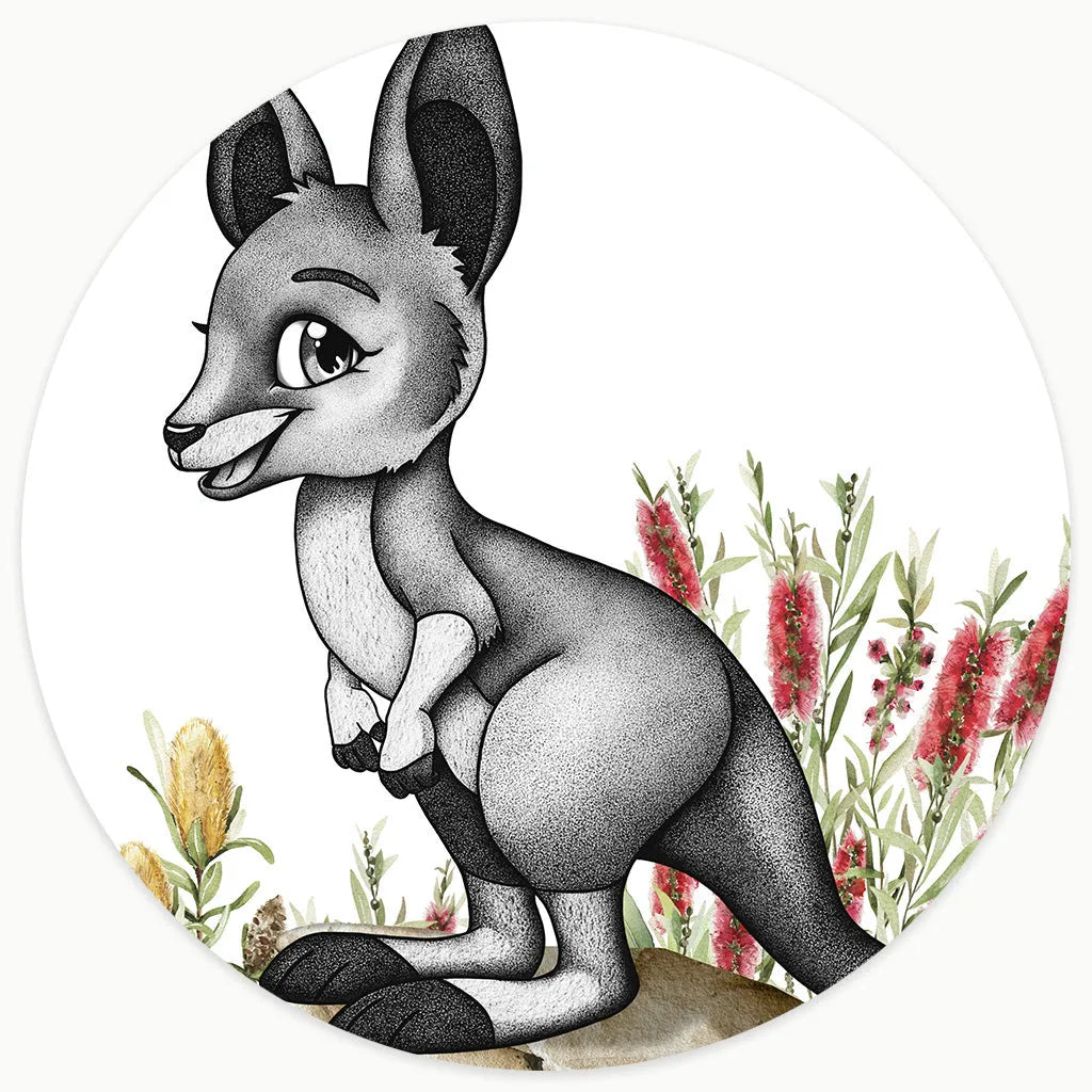 Australian kangaroo nursery wall art featuring a hand-drawn joey. Created with sophisticated black and white stippling and accented by soft watercolor red and gold botanicals.