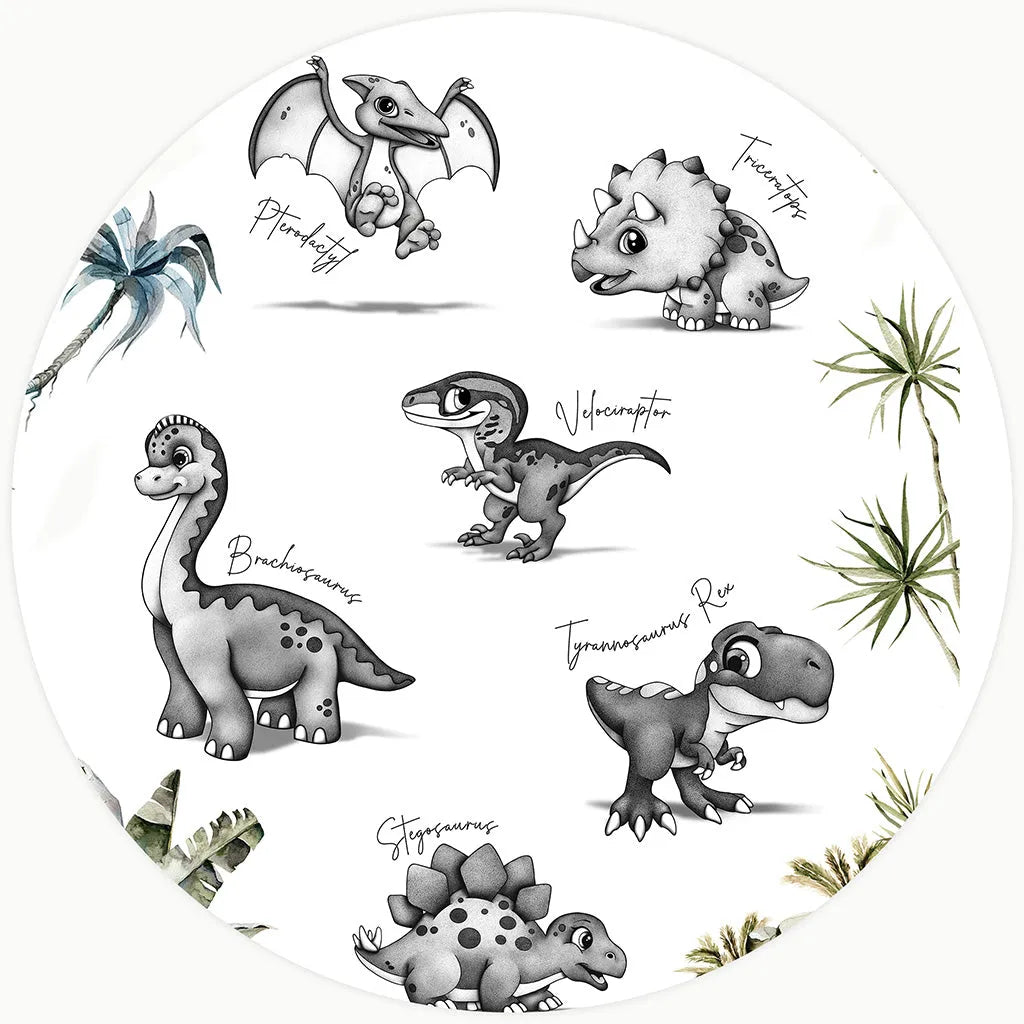 Whimsical dinosaur nursery art for boys or girls, featuring hand-drawn Brachiosaurus and T-Rex characters. The sophisticated design is created with intricate black and white dots and minimalist watercolor palm trees for a modern, gender-neutral nursery.