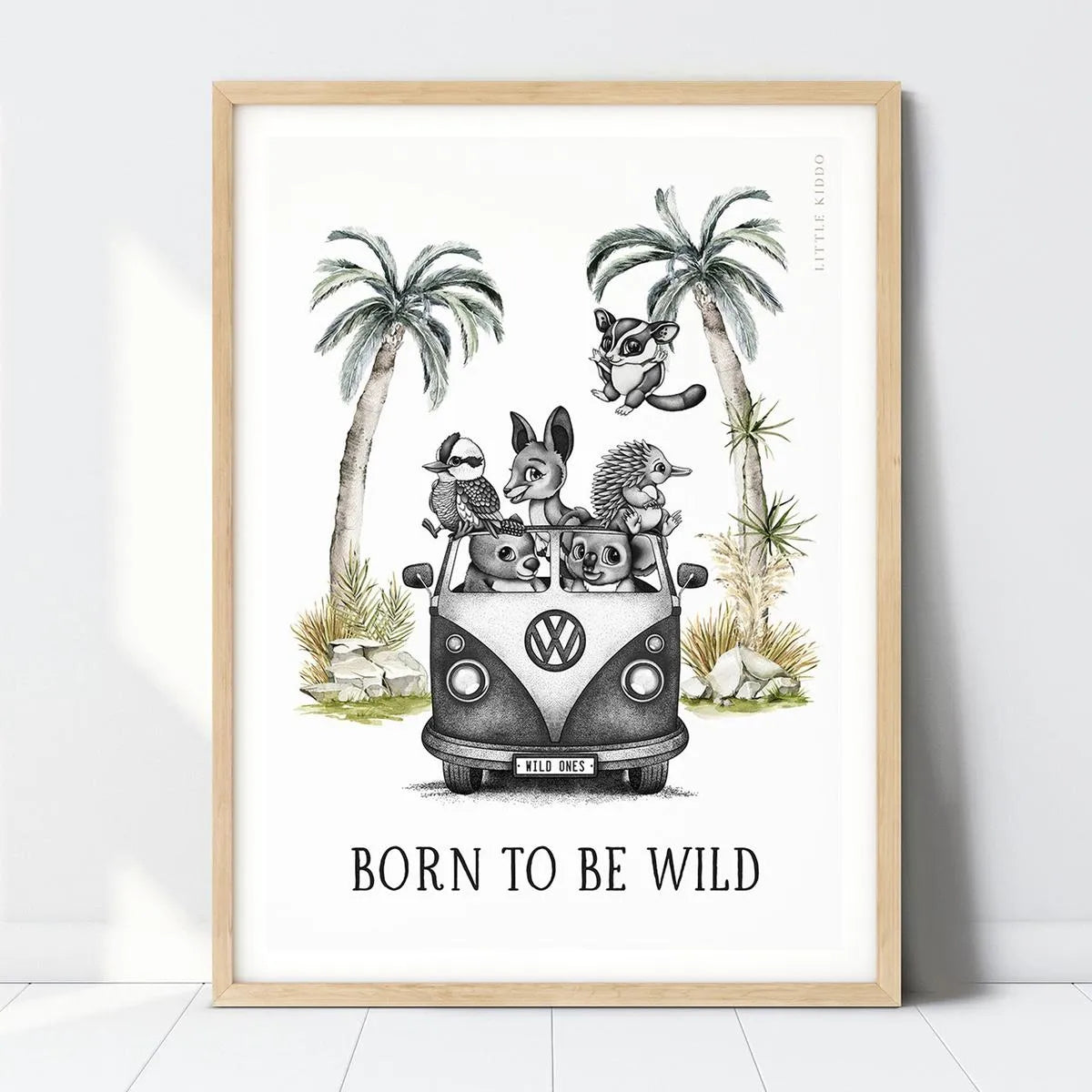 "Born to Be Wild" Australian animal nursery print featuring a hand-drawn kombi van with a kangaroo, koala, and echidna in a light wood frame.