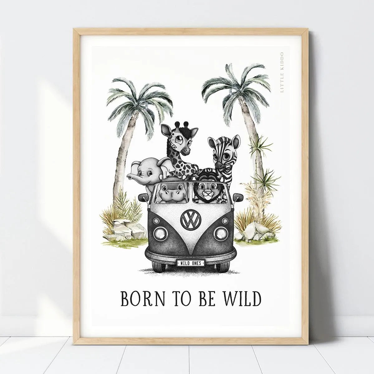 "Born to Be Wild" Safari nursery art print featuring a hand-drawn kombi van with a baby lion, giraffe, zebra, and elephant in a light wood frame.