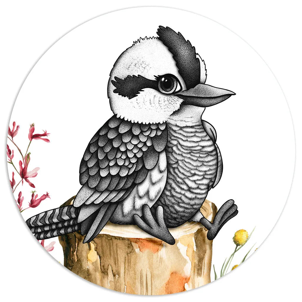 A hand-drawn kookaburra bird on a stump, featuring intricate stippling detail for a sophisticated nursery wall art piece.