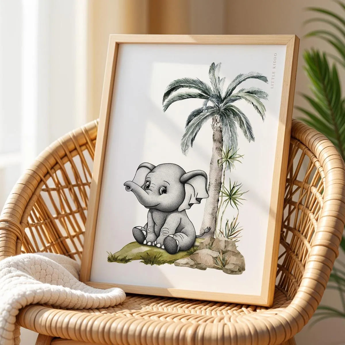 Whimsical elephant nursery poster displayed on a wicker chair, gender-neutral safari animal wall art for a neutral nursery.