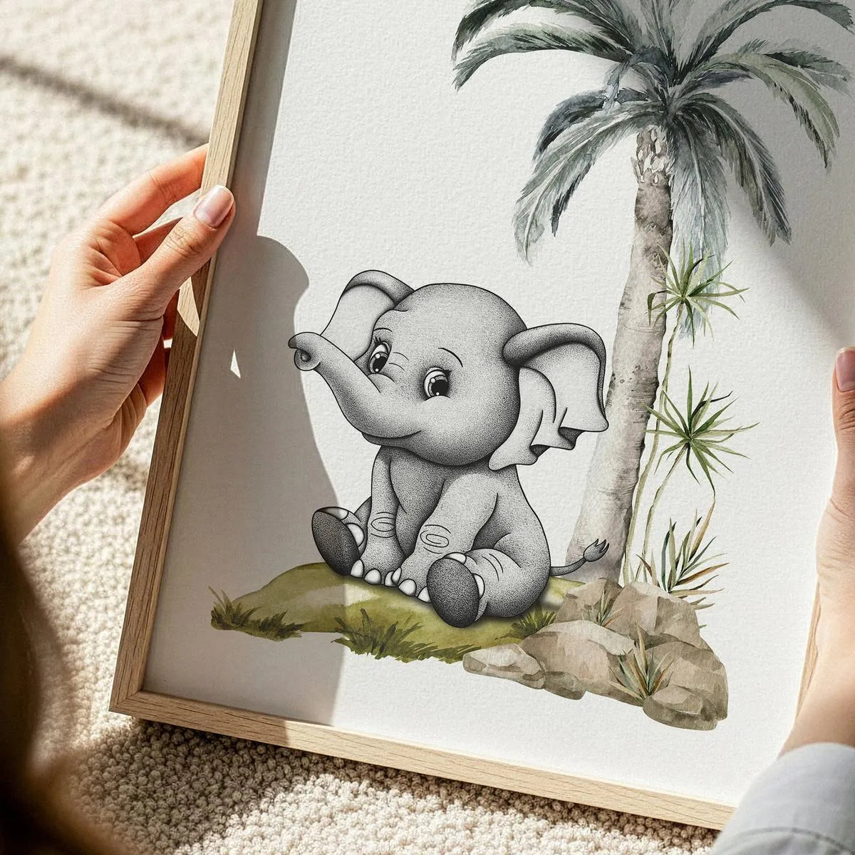 Detailed stippling and watercolor art of a cute baby elephant, premium giclee nursery print for high-end kids' room styling.