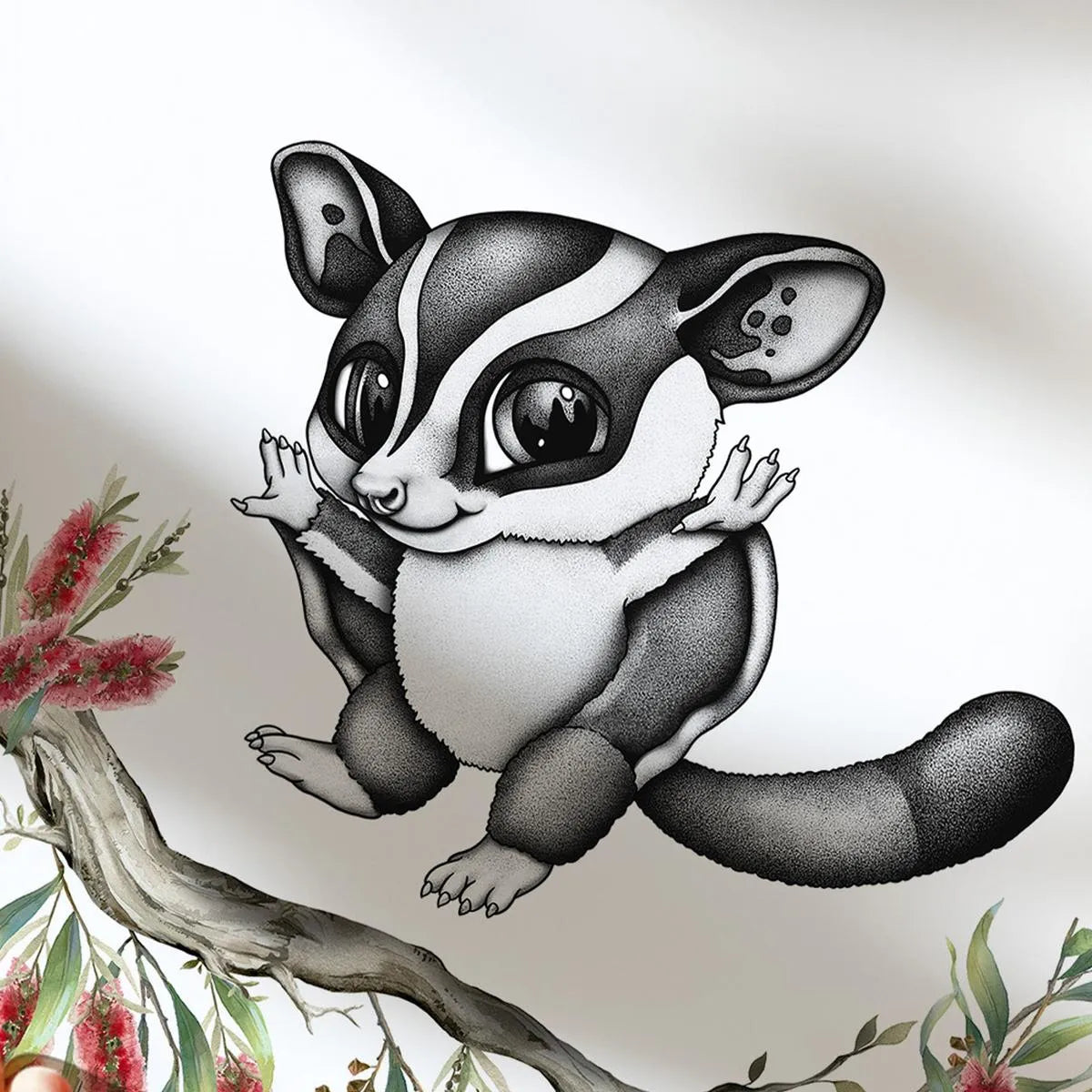 Detailed stippling and watercolor illustration of a cute sugar glider, premium giclee Australiana nursery print with vibrant red florals.
