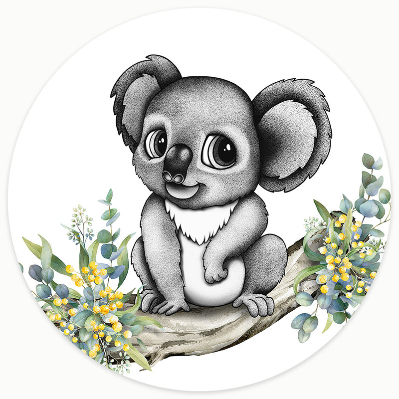 Hand-drawn baby koala nursery wall art. A sophisticated Australian animal illustration featuring detailed black and white dot stippling and delicate yellow watercolor wattle (mimosa) flowers.