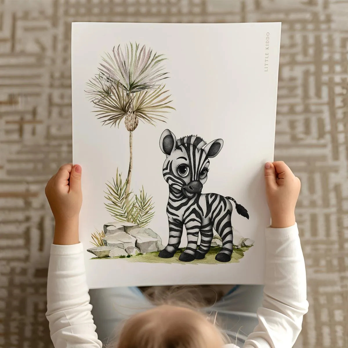 High-quality giclee print of a hand-inked baby zebra illustration, artisanal black and white nursery wall decor for kids.