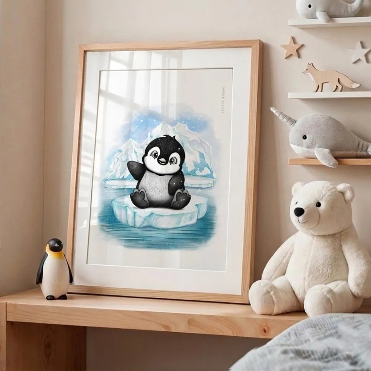 Penguin nursery wall decor sitting on a wooden shelf next to polar bear plush toy, arctic themed baby room ideas.