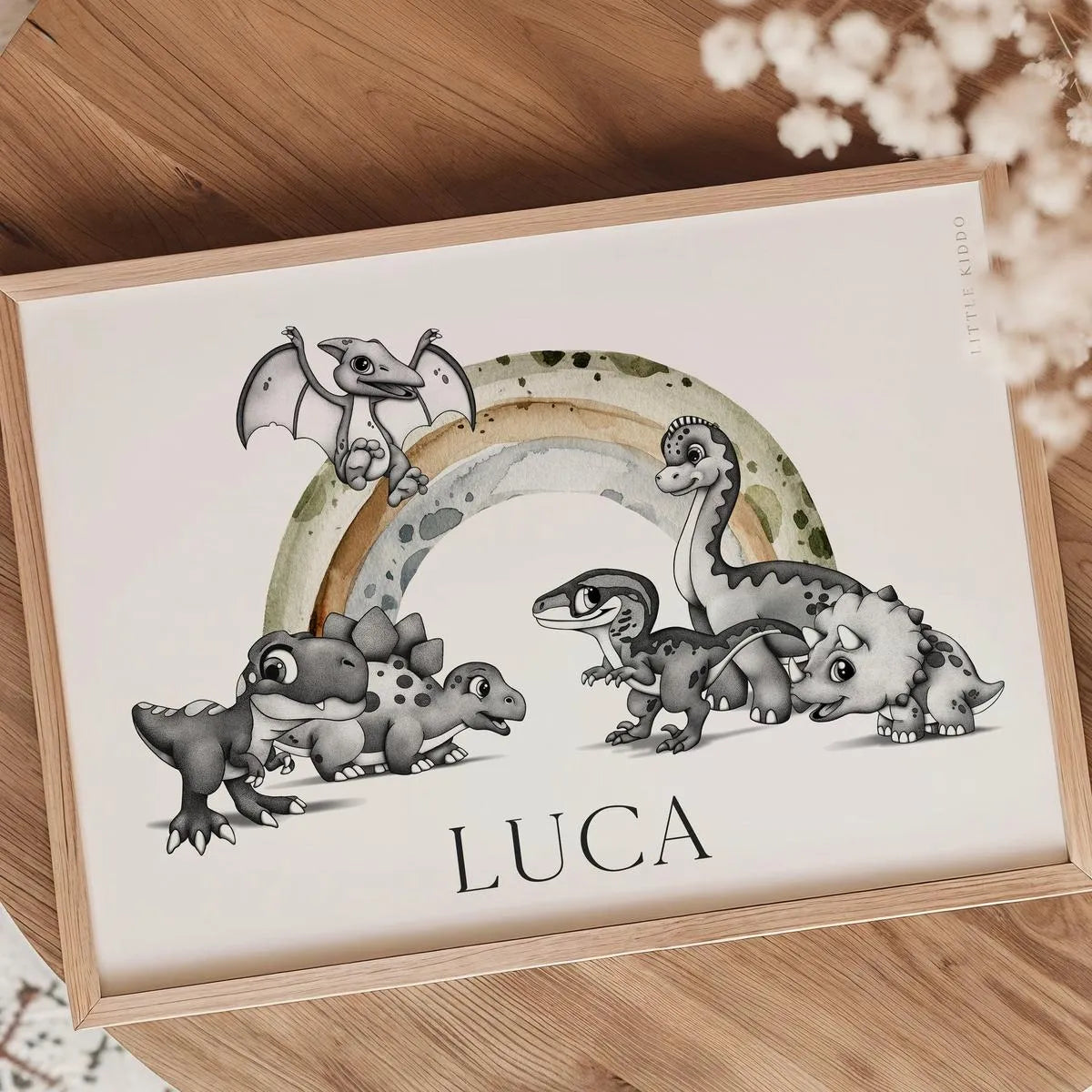Custom "Luca" dinosaur rainbow nursery print, featuring detailed stippling and watercolor textures on high-quality giclee paper.