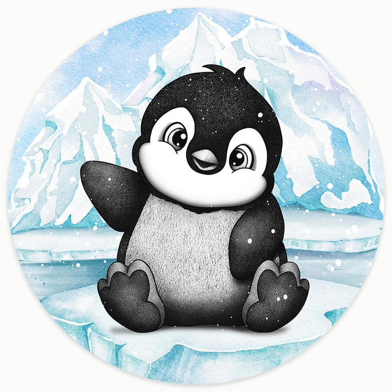 Sophisticated nursery wall art of a waving baby penguin. Hand-drawn with detailed black and white stippling and set against a soft blue watercolor icy landscape with mountains and snow for a gender-neutral nursery.