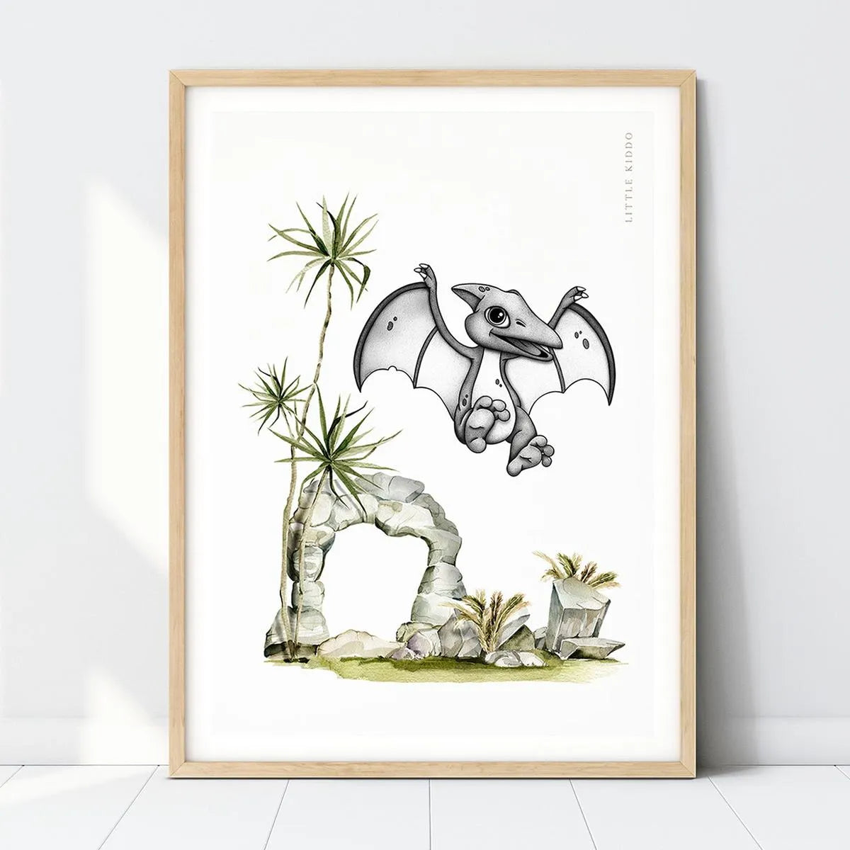 Hand-drawn Pterodactyl dinosaur nursery art print in light wood frame for boys or girls room
