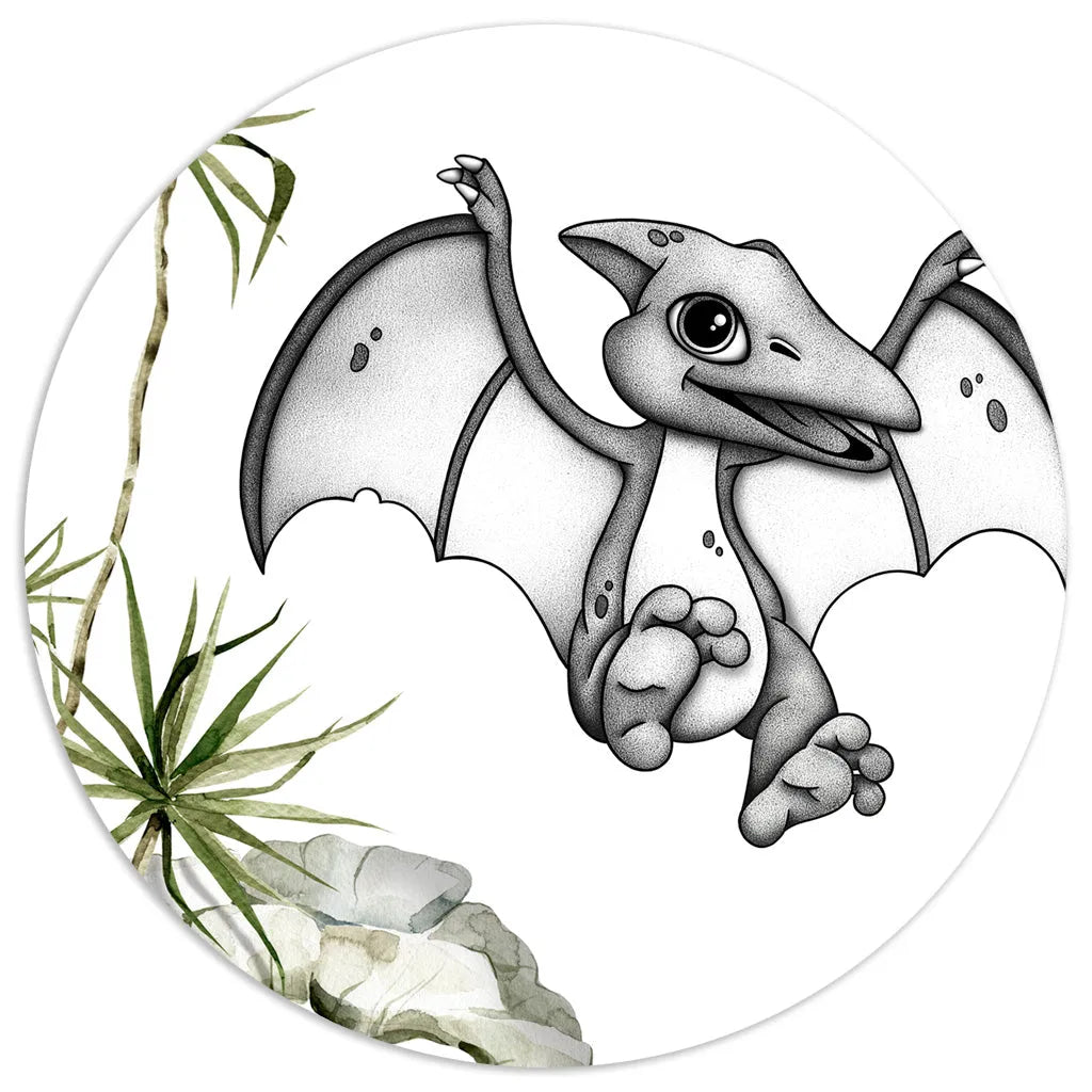 Playful hand-drawn pterodactyl dinosaur, a watercolor and stippling nursery print for a prehistoric-themed room.