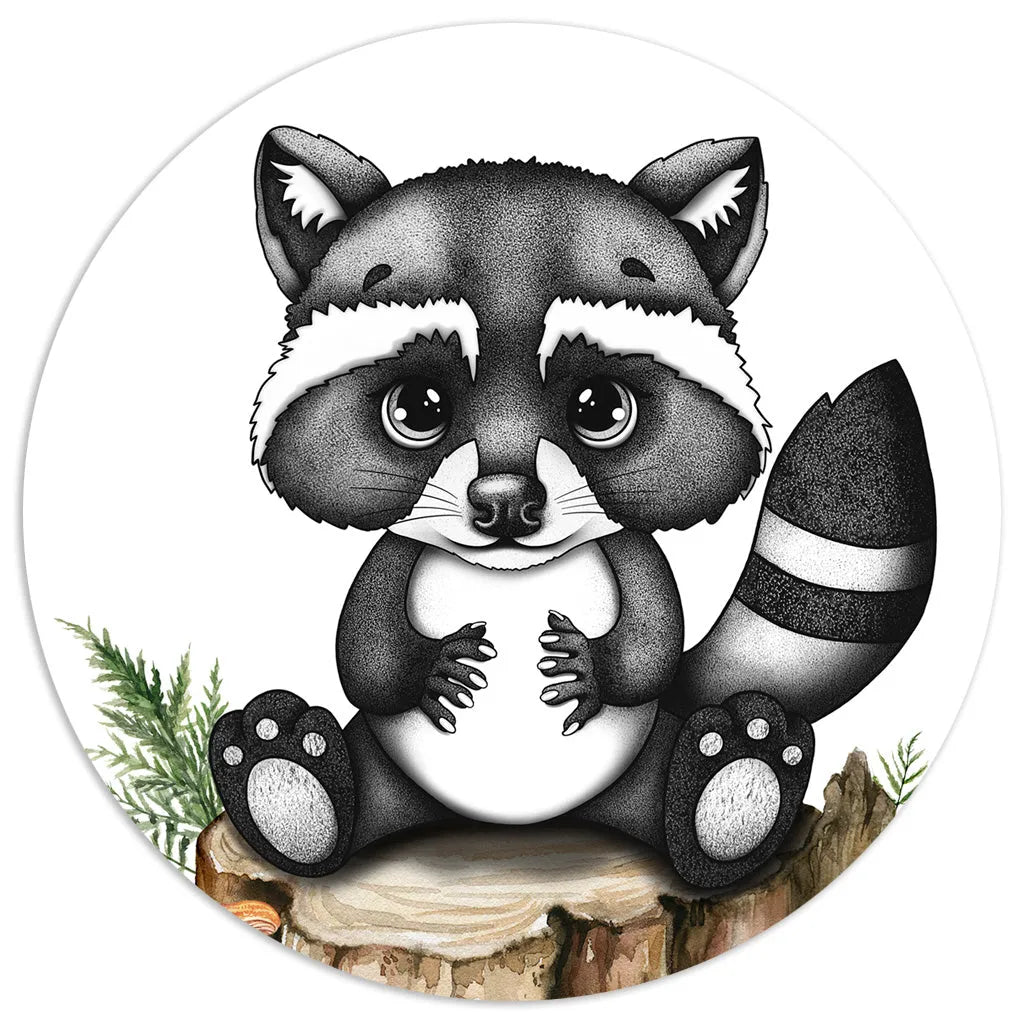Hand-drawn baby raccoon with stippling fur textures, a woodland-inspired nursery art print in grayscale.
