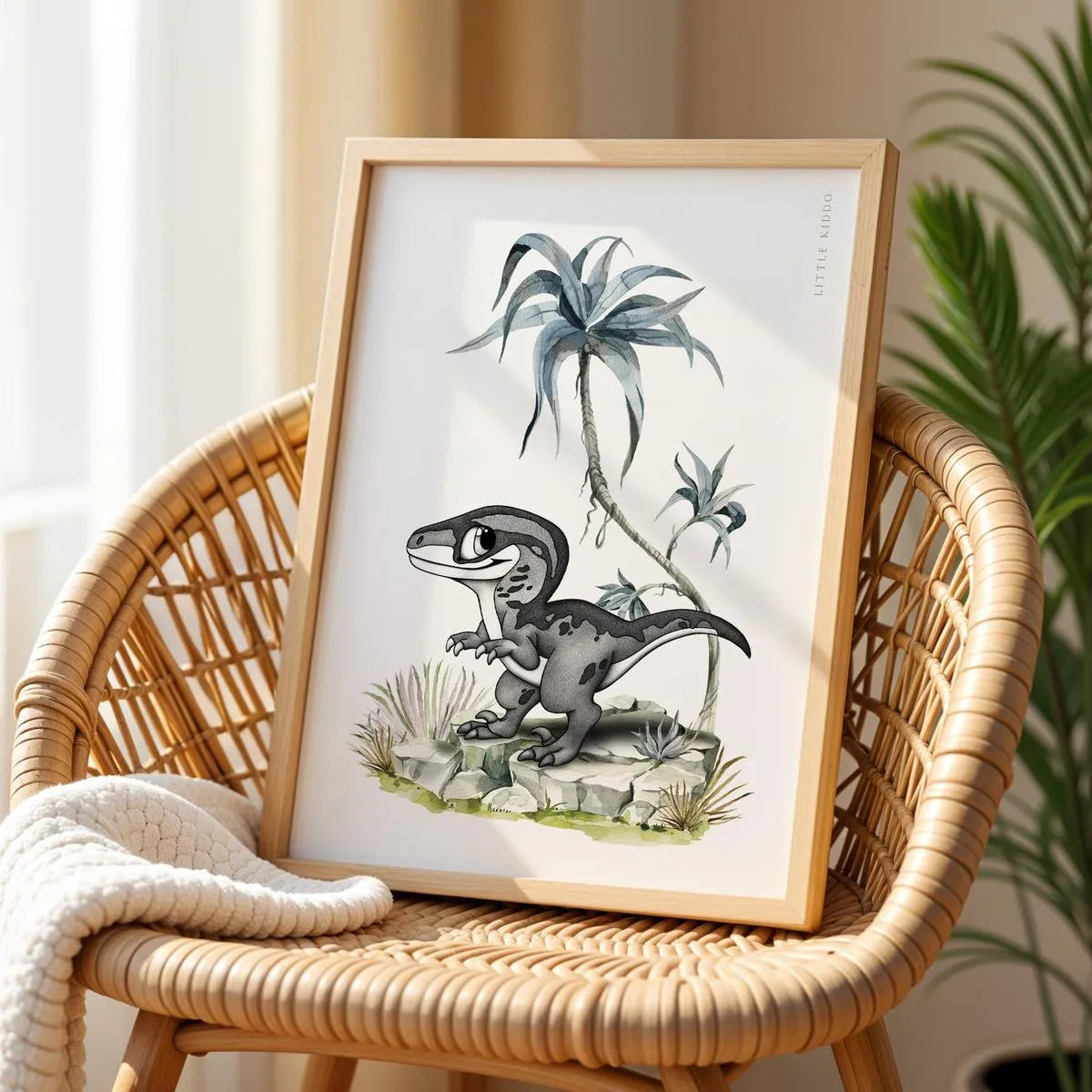 Modern raptor dinosaur nursery decor. A sophisticated, hand-drawn black and white stippled illustration featuring a baby velociraptor with blue watercolor tropical accents.